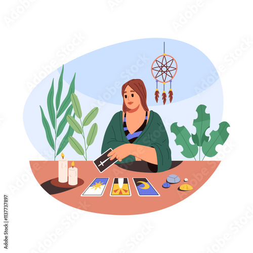 Woman with tarot cards at spiritual session. Vector female at fortune telling consultation. Mystical future vision and esoteric wisdom. Card reading guidance. Psychic and tarologist, clairvoyant. Fate