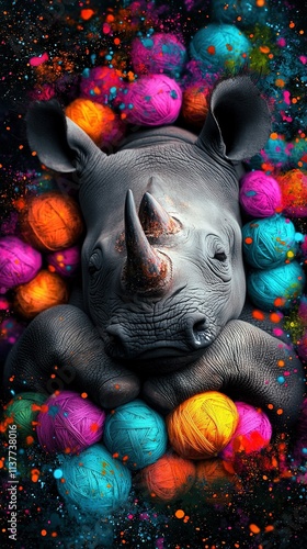   A rhinoceros lying on a yarn ball pile, shaped like a rhinoceros's head photo