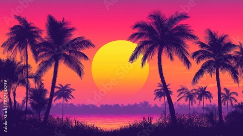 Vibrant Sunset Over Tropical Palm Trees and Water