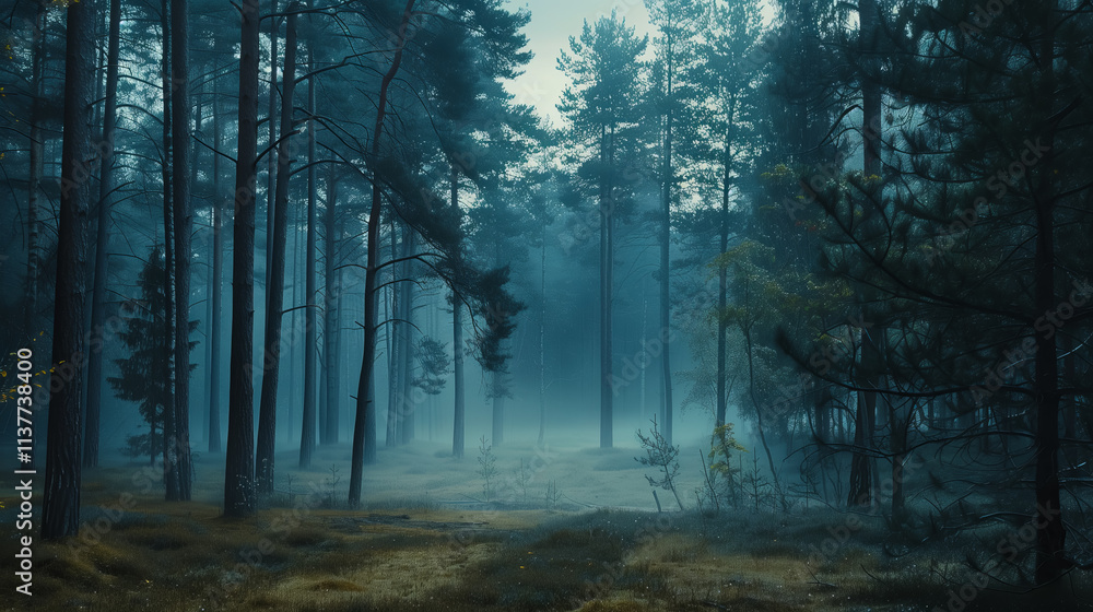 Fototapeta premium Background featuring a landscape of mountain pine trees in the fog during early spring or autumn. Ideal for screensavers or interior design.