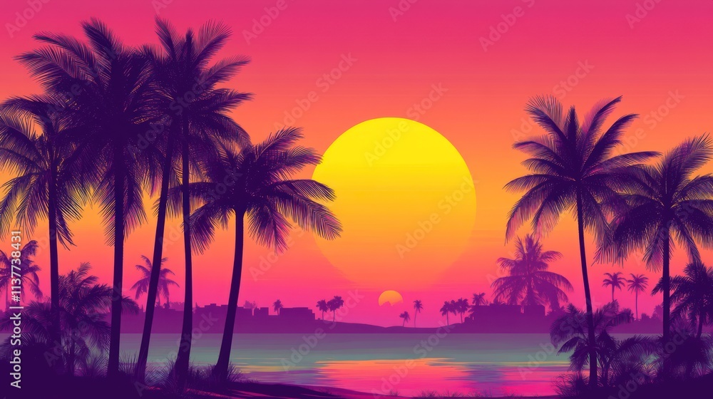 Vibrant Sunset Over Tropical Beach Palm Trees Vibrant Sunset Over Tropical Beach Palm Trees