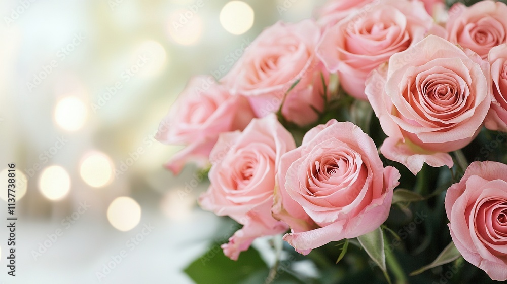 A bouquet of pink roses in front of a book of light-colored books of lights A bouquet of pink roses in front of a book of light-colored books of lights