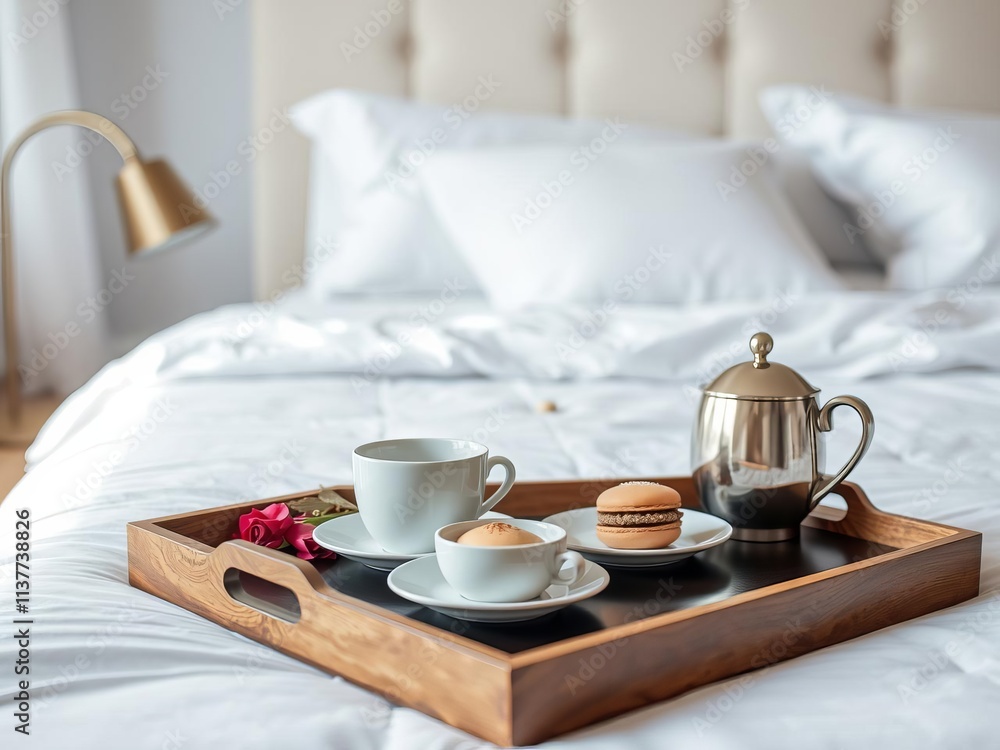 Romantic breakfast in bed tray with coffee and macaroon in modern bedroom interior, bed, modern Romantic breakfast in bed tray with coffee and macaroon in modern bedroom interior, bed, modern