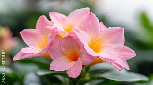  A close-up of a pink flower with water droplets on its petals and green leaves in the background