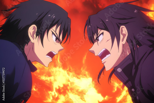 Two characters face off in an intense battle, showcasing emotion and dynamic action, anime illustration photo