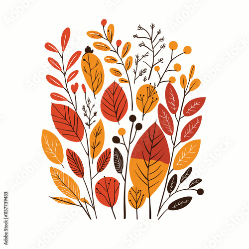 Stylized autumn leaves in shades of red, orange, and brown.