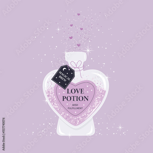 Valentine's Day illustration with a bottle of love potion on a pink background