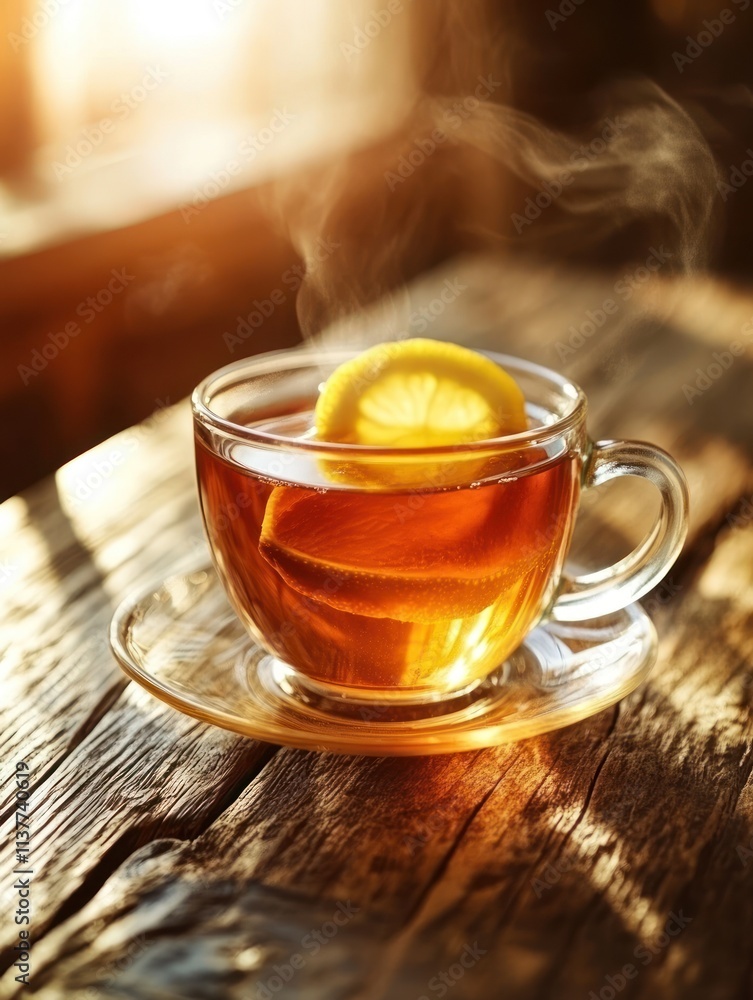 A steaming cup of tea with a lemon slice on a wooden table, evoking warmth and comfort. A steaming cup of tea with a lemon slice on a wooden table, evoking warmth and comfort.