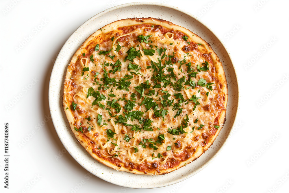 Close-Up of a Thin-Crust Pizza with Pasta and Fresh Herbs Close-Up of a Thin-Crust Pizza with Pasta and Fresh Herbs