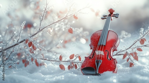 Wallpaper Mural Red violin rests in snowy winter scene amongst frosted branches. Torontodigital.ca