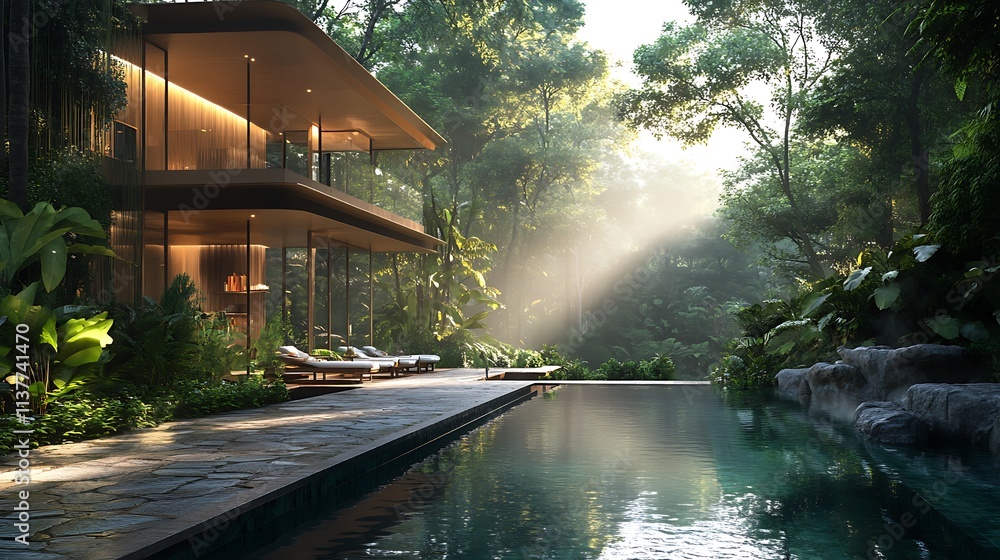 Fototapeta premium Contemporary rainforest villa featuring open-plan spaces, natural stone paths winding through lush greenery, infinity pool reflecting the jungle, misty air and sunlight breaking through the trees,