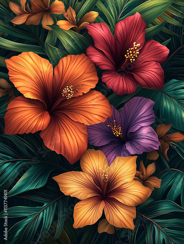 Lush Tropical Hibiscus Flowers   Palm Leaves