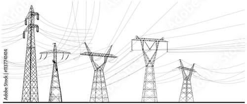 Set of black high voltage transmission systems. Electric pole, power lines, energy pylons collection. Silhouette vector set. A network of interconnected electrical. Vector design illustration.