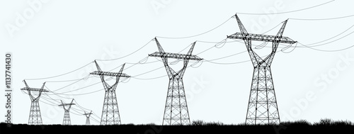 High electric tower. High-voltage poles with wires go away into the horizon. Electric poles. Production of sustainable energy concept. Graphic vector isolated on white background.