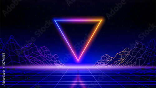 Retro futuristic abstract background. Synthwave 80s style poster. Neon triangle, laser grid, wireframe mountain. 3d digital backdrop, music template. Starry sky background, mesh grid floor. Vector