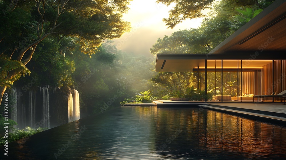 Contemporary rainforest villa with an infinity pool cascading into vibrant jungle landscapes, sleek glass and wooden architecture, golden hour light creating dramatic contrasts, Contemporary rainforest villa with an infinity pool cascading into vibrant jungle landscapes, sleek glass and wooden architecture, golden hour light creating dramatic contrasts,