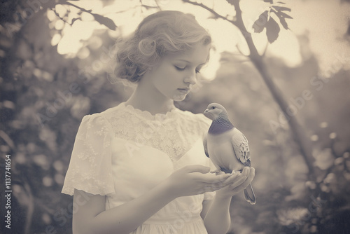 Beautiful woman with pigeon in retro style photo