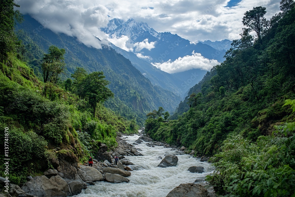 Mountain River Flowing Between Rocky Cliffs and Green Forests with Snow-Capped Peaks. AI generated illustration Mountain River Flowing Between Rocky Cliffs and Green Forests with Snow-Capped Peaks. AI generated illustration