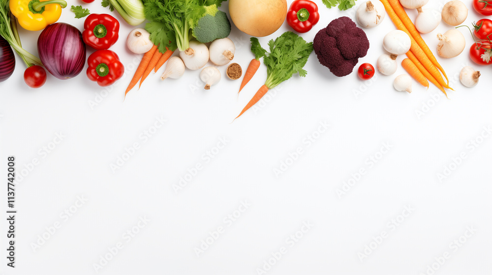 Poster layout with vegetables on a white background, flat lay view Poster layout with vegetables on a white background, flat lay view