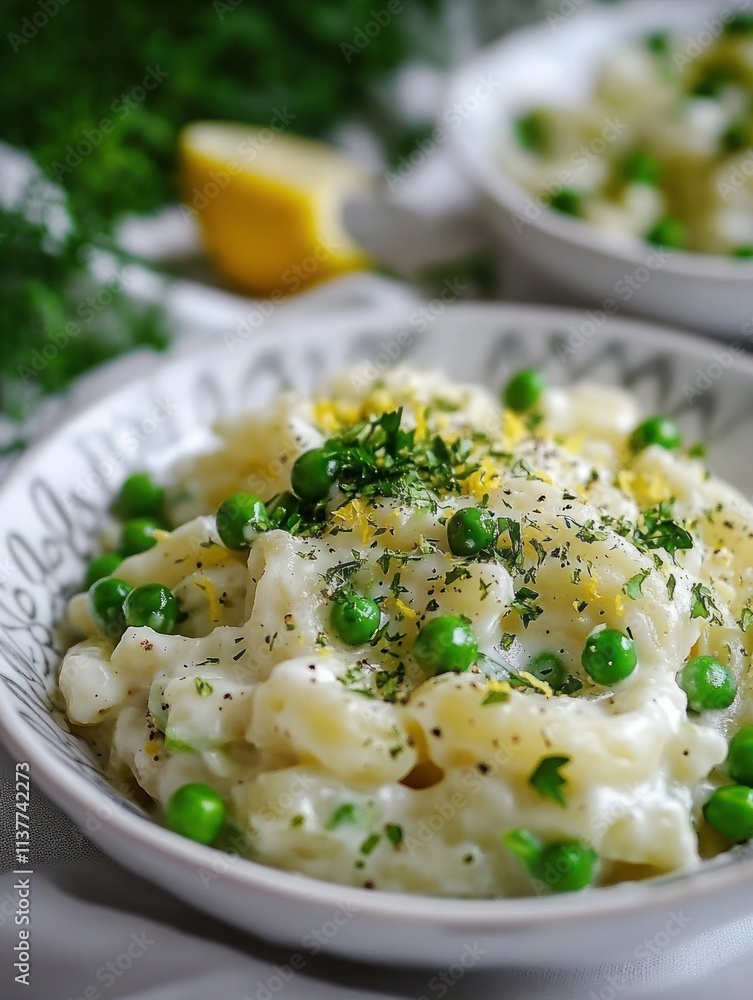 A creamy pasta dish with peas, garnished with herbs and lemon zest in a decorative bowl.