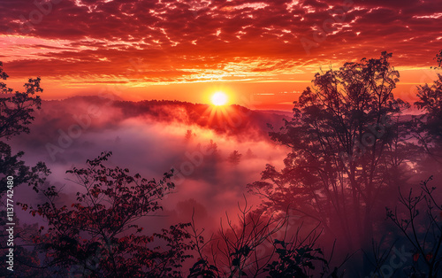 Sunrise or sunset over a beautiful mountain valley with trees in fog, showcasing early spring or autumn colors. Perfect for screensavers or interior design. photo