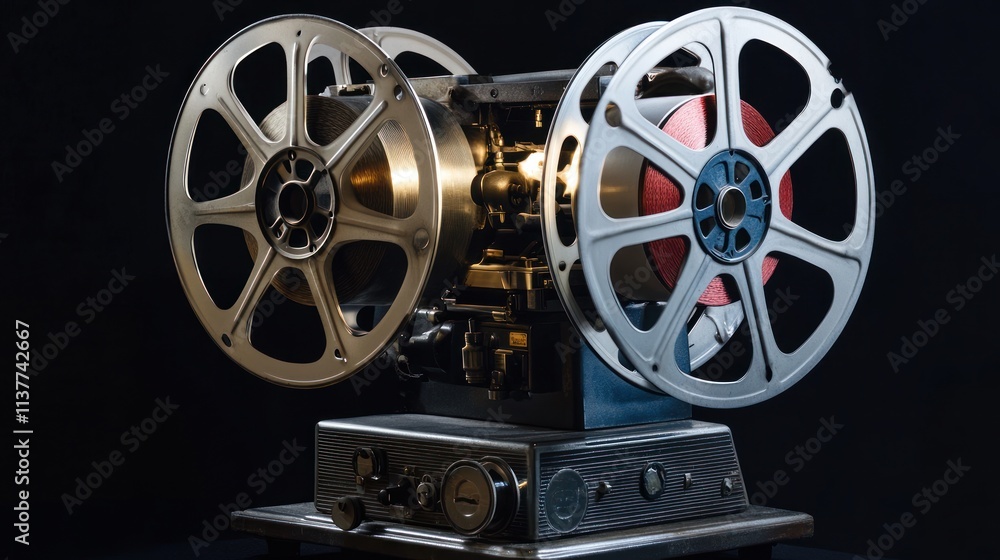 Fototapeta premium Retro film projector with reels against black backdrop.