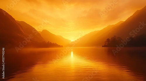 Sunrise over a misty lake with mountains in the background. photo