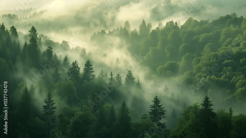 Sunrise or sunset over a beautiful mountain valley with trees in fog, showcasing early spring or autumn colors. Perfect for screensavers or interior design.