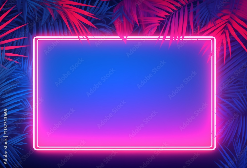 Tropical neon background with a rectangular frame and palm leaves, vibrant blue and pink lighting, empty space Tropical neon background with a rectangular frame and palm leaves, vibrant blue and pink lighting, empty space