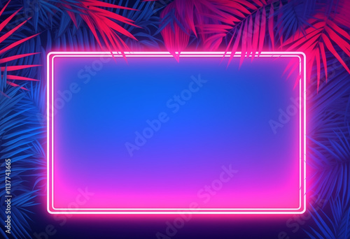 Tropical neon background with a rectangular frame and palm leaves, vibrant blue and pink lighting, empty space