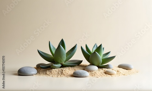 Garden design inspires tranquility with succulents arranged thoughtfully on soft sand, highlighting serene greens and smooth stones that evoke calmness.