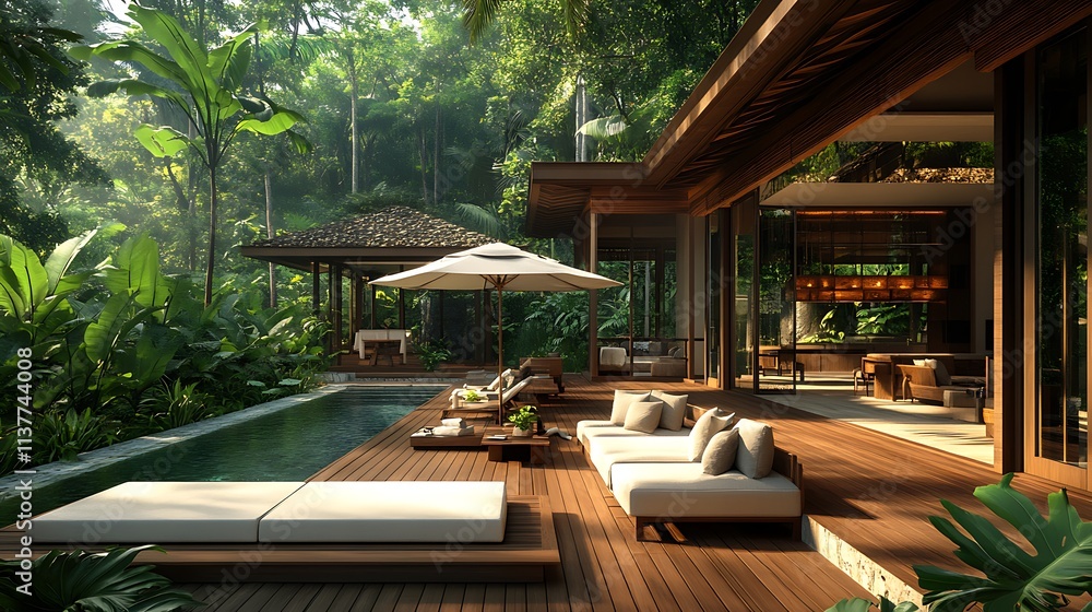 Fototapeta premium Eco-friendly villa surrounded by vibrant rainforest, open spaces designed to overlook lush jungle canopies, warm wooden tones and natural stone accents, sunlight dappling through leaves,