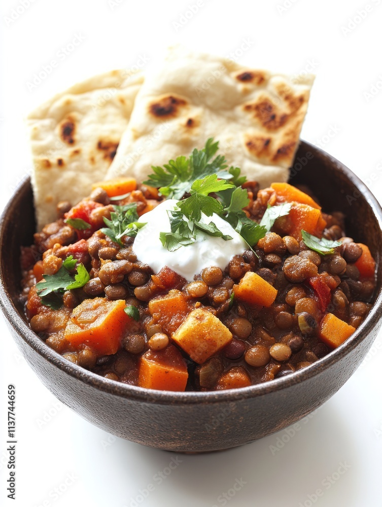 A bowl of lentil stew with sweet potatoes, topped with yogurt and cilantro, served with flatbread. A bowl of lentil stew with sweet potatoes, topped with yogurt and cilantro, served with flatbread.