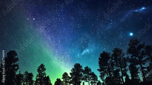 A stunning night sky featuring the Northern Lights glowing above a dark forest, symbolizing beauty, wonder, and the magic of nature. photo