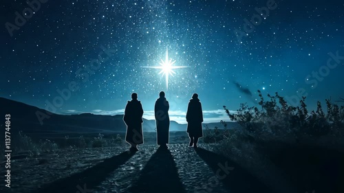 Three wise men in silhouette, traveling across a desert picture