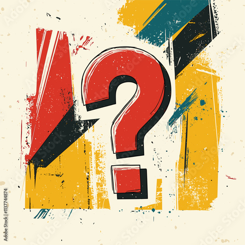 Large question mark against a textured, multicolored backdrop.