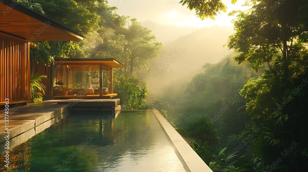 Obraz premium Elevated eco-villa with open-plan spaces overlooking dense rainforest canopies, infinity pool blending seamlessly into the greenery, soft golden sunlight, natural materials like bamboo and stone,