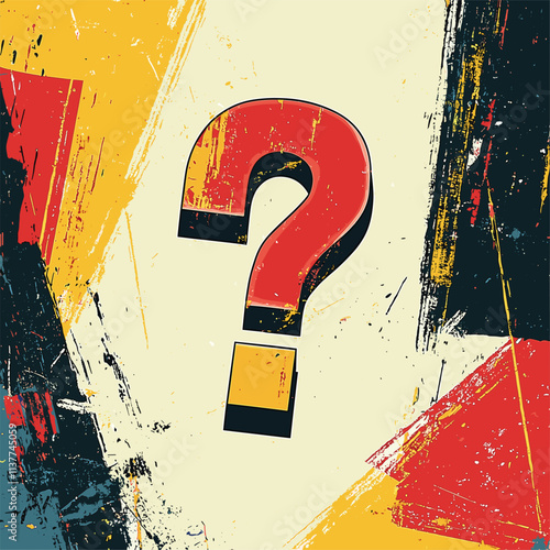 Large question mark against a textured, multicolored backdrop.