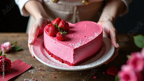 Women's hands hold a heart-shaped cake on a platter in front of them, a bakery, a baker girl
