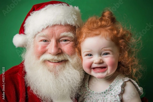 Isolated white baby girl in festive knee on green background. Gleeful yuletide, attractive baby girl! copyspace. Santa claus holiday photo. Kid and santa lap. Santa claus kid christmas gree. photo