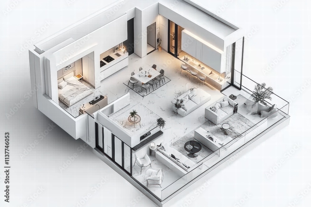 Modern Apartment Floor Plan, Bird's Eye View, White Interior Design Modern Apartment Floor Plan, Bird's Eye View, White Interior Design