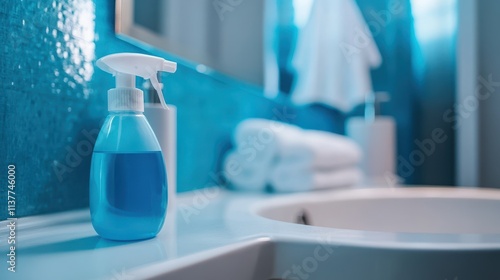 Blue Cleaning Spray Bottle on Modern Bathroom Counter. photo