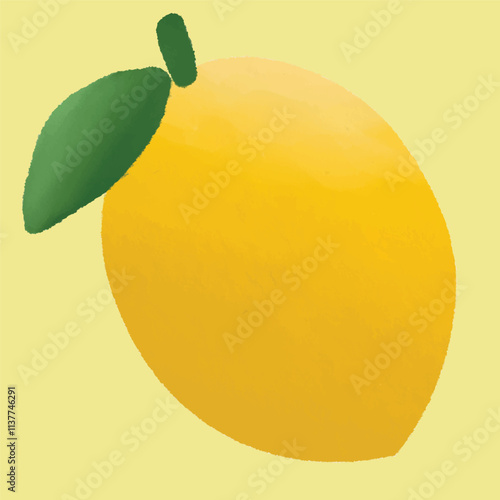 A hand drawn yellow lemon with a green stem and leaf