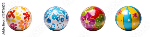 Four colorful beach balls against a white or transparent background, emphasizing their vibrant patterns and inflatable texture.


