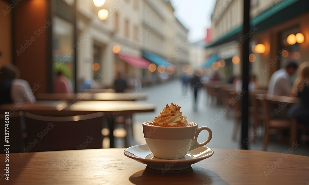 Melange coffee sits invitingly in a cozy café, adorned with whipped cream. Soft lighting and blurred patrons create a warm, relaxed ambiance. Melange coffee sits invitingly in a cozy café, adorned with whipped cream. Soft lighting and blurred patrons create a warm, relaxed ambiance.