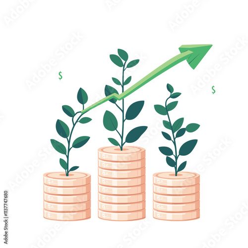 Growing plants on coin stacks symbolize financial growth.