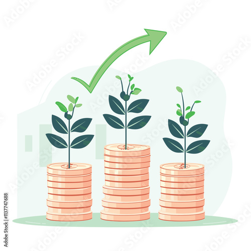 Growing plants on coin stacks symbolize financial growth.