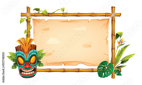 Tiki style bamboo frame with blank parchment, tribal mask, and tropical leaves. Vector cartoon illustration