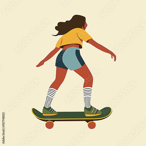 Person skateboarding with long hair, stylishly illustrated.