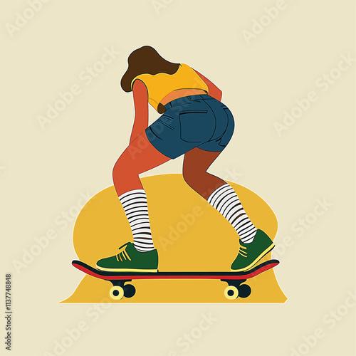 Person skateboarding with long hair, stylishly illustrated.